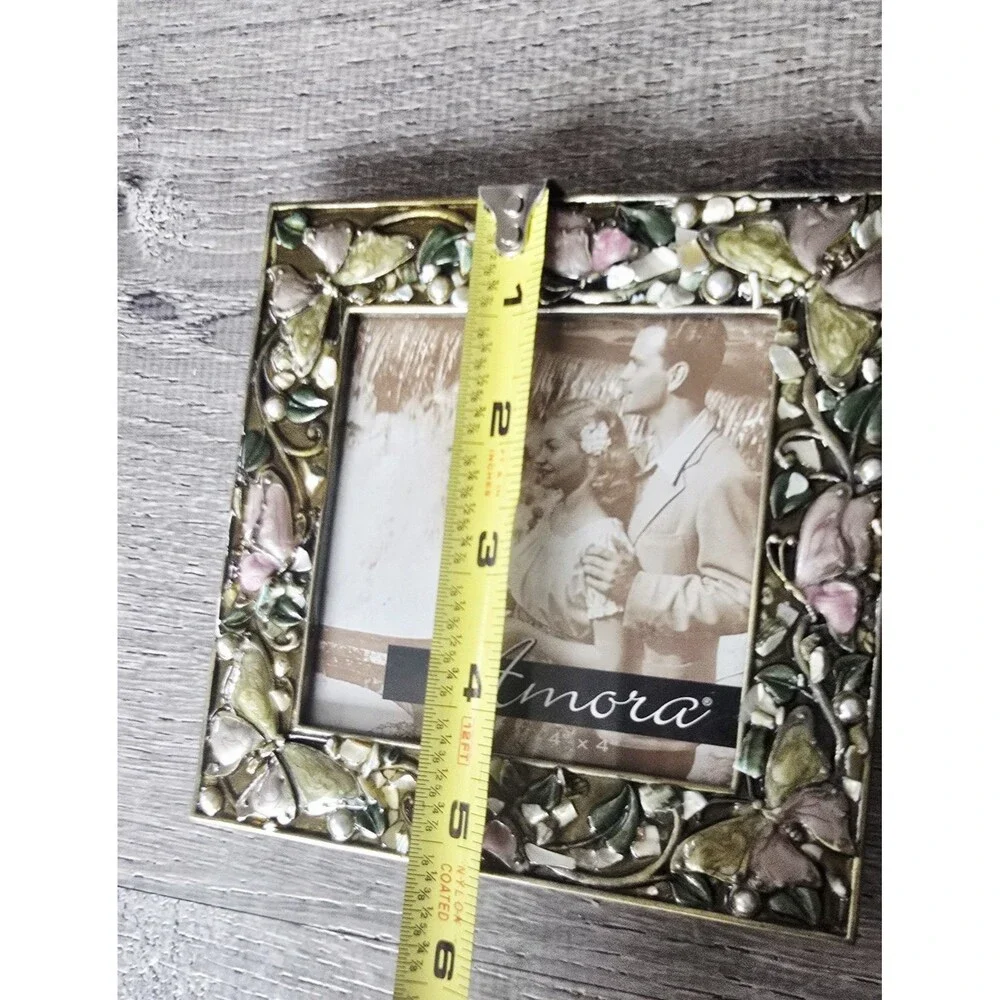 Amora Metal Photo Frame Butterfly  Enameled  Pearls 4x4 Photo
